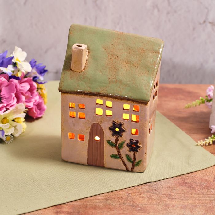 Floral Serenade Stoneware Sage Green Roof Candle Holder