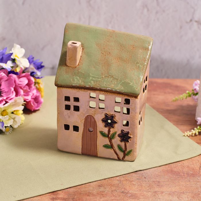 Floral Serenade Stoneware Sage Green Roof Candle Holder