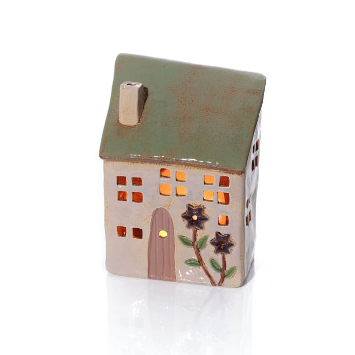 Floral Serenade Stoneware Sage Green Roof Candle Holder