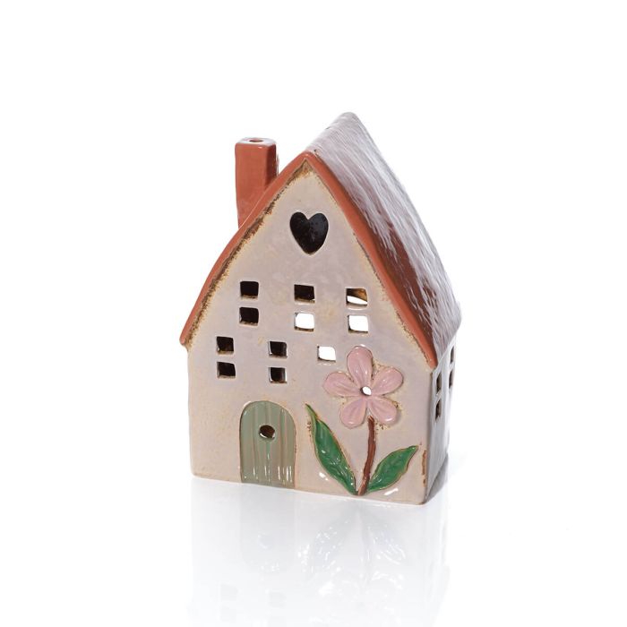 Floral Serenade Stoneware House With Cut Out Heart Candle Holder