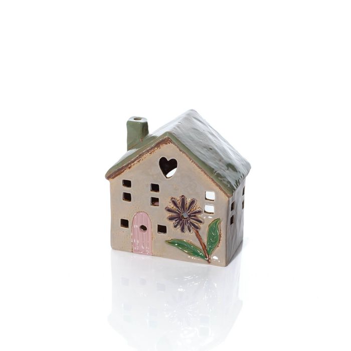 Floral Serenade Stoneware House With Cut Out Heart Lilac Flower Candle Holder