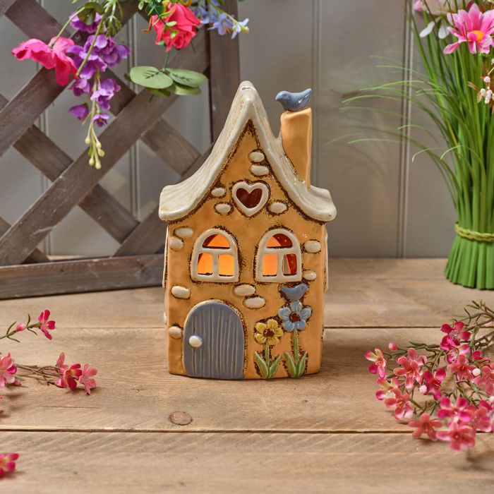 Garden Birds Stoneware Ochre House With 3D Bird Candle Holder