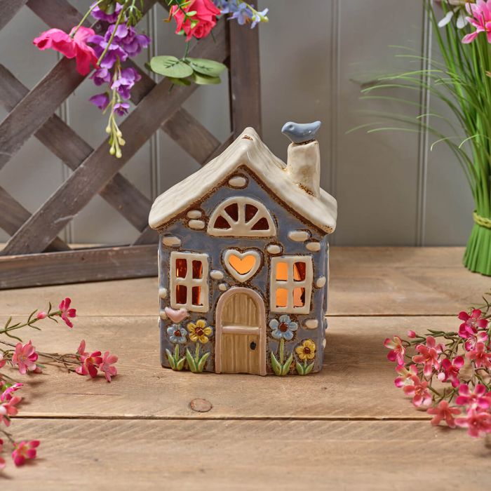 Garden Birds Stoneware Cornflower Blue House With 3D Bird Candle Holder