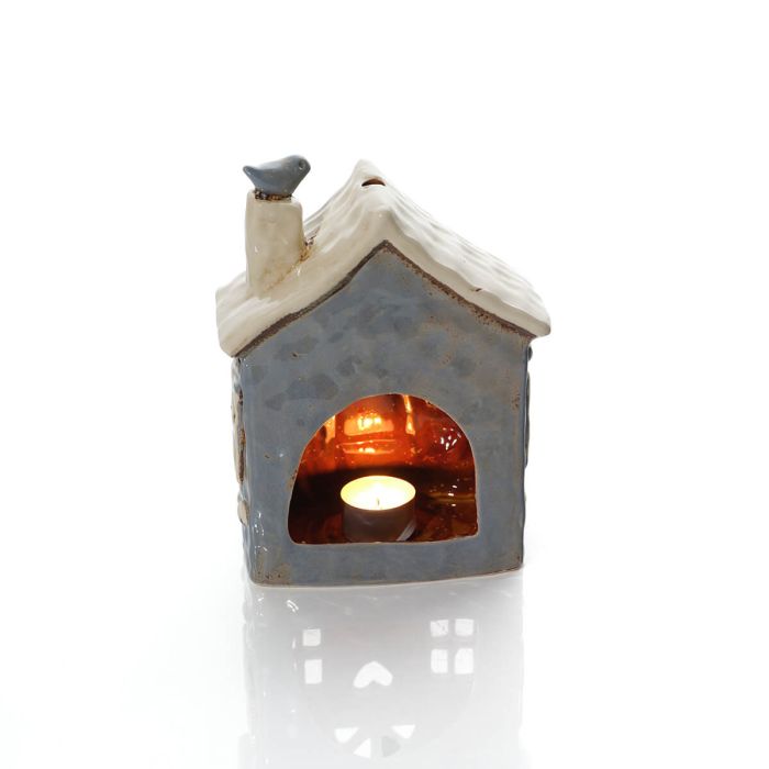Garden Birds Stoneware Cornflower Blue House With 3D Bird Candle Holder