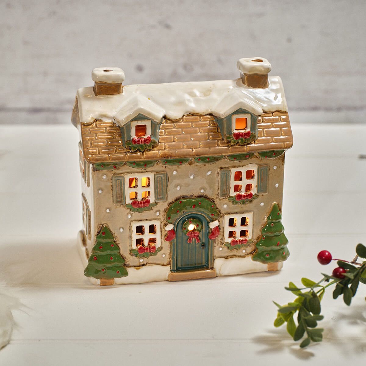 RL Stoneware House With Dormer Windows Candle Holder