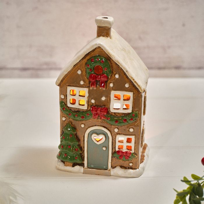 RL Stoneware House With Wreath & Bows Candle Holder
