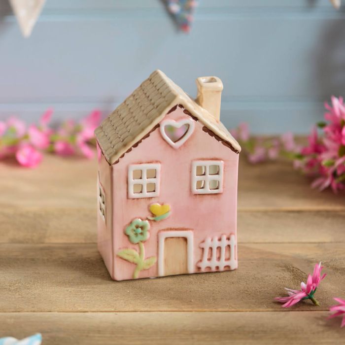 Ceramic Pink House With Embossed Flower Painted Tea Light Holder