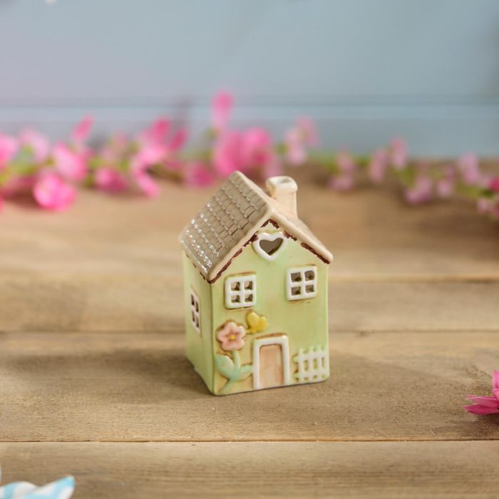 Ceramic Green House Small With Embossed Flower Painted Tea Light Holder