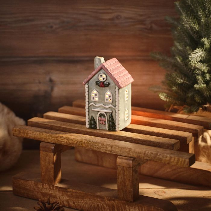 RL Green House With Pink Roof Embossed Tealight Holder