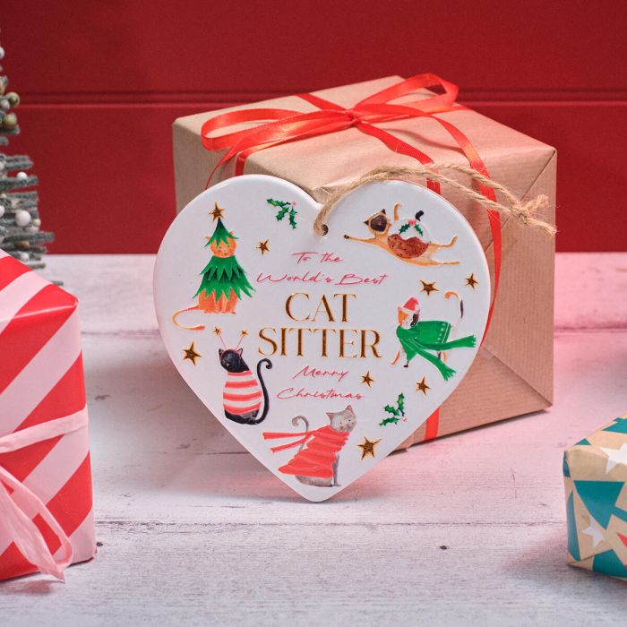 RL Christmas Pets Cat Sitter Ceramic Heart Hanger