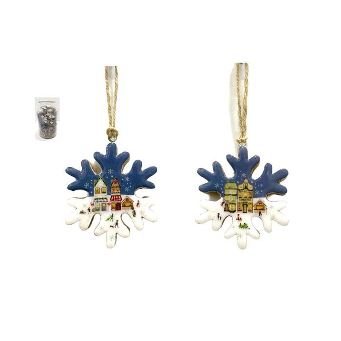 Two snowflake-shaped Christmas ornaments with a blue top half, white bottom half, and a small colorful village scene in between, hanging from gold strings. 