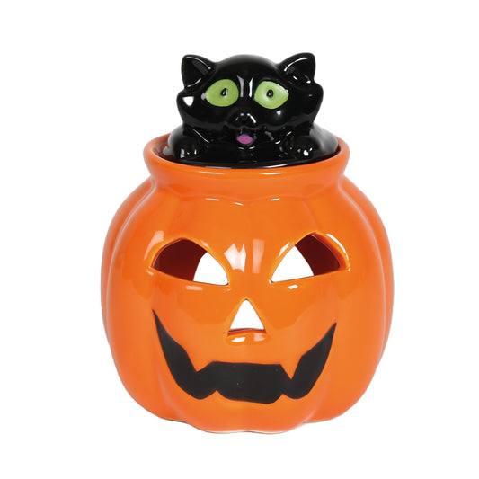 Tealight Wax Melter – Halloween Pumpkin with Black Cat