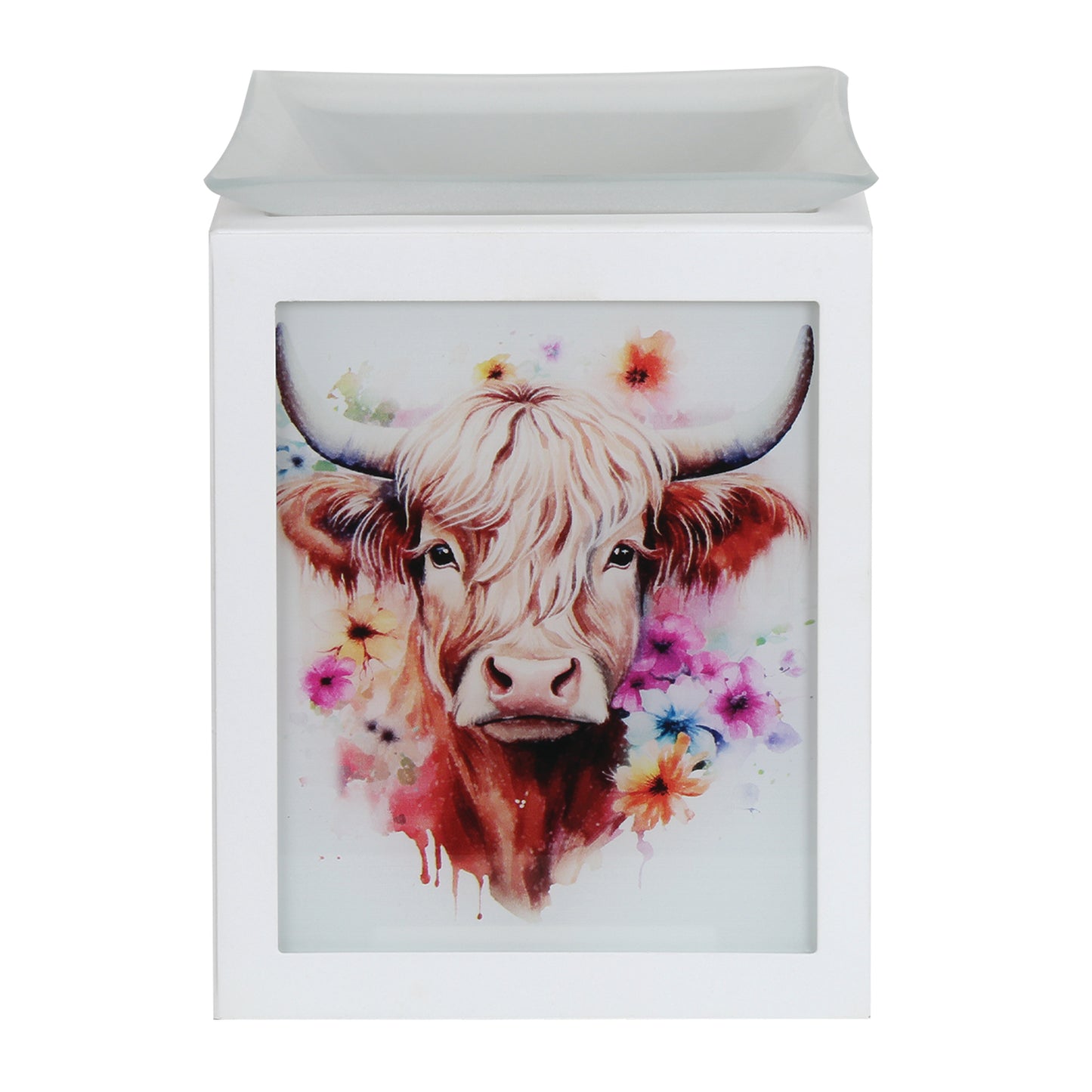 A white electric wax warmer featuring a colorful watercolor painting of a Highland cow surrounded by flowers, shown against a plain white background.