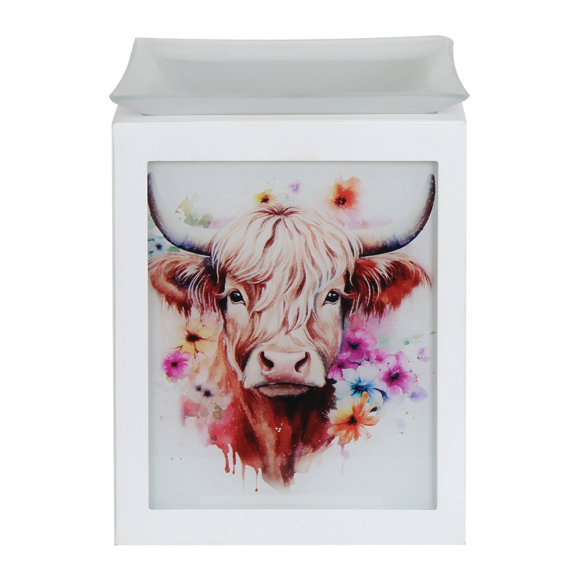 A white electric wax warmer featuring a colorful watercolor painting of a Highland cow surrounded by flowers, shown against a plain white background.