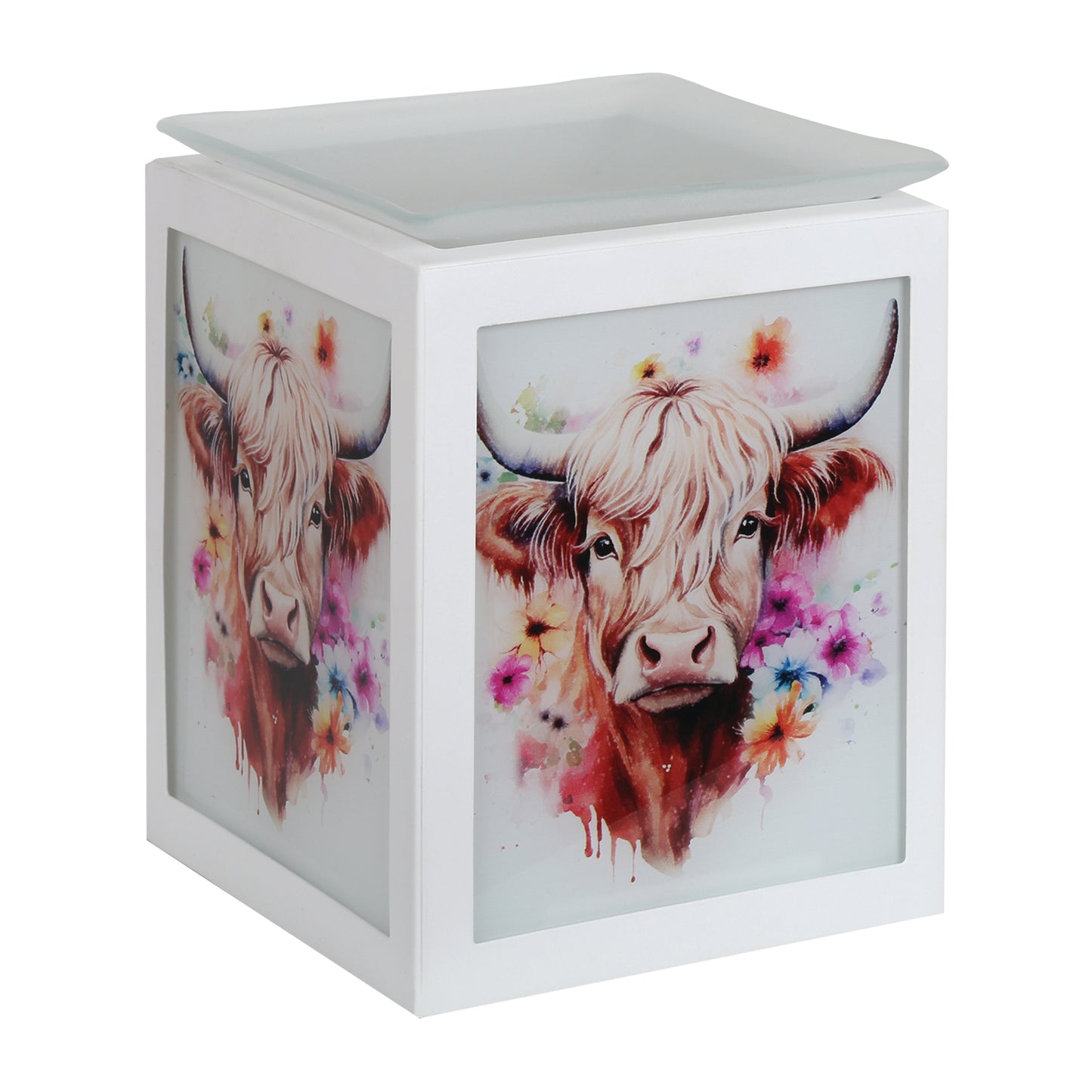 A white cube-shaped decorative electric burner with a square glass lid, featuring watercolor-style illustrations of a Highland cow with colorful flowers on the front and side panels.