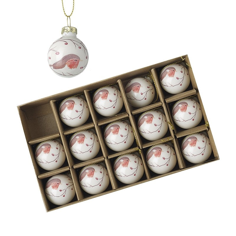 HS Small White Robin Baubles Set