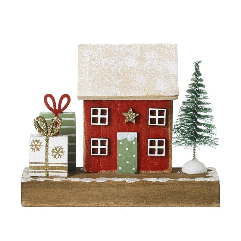 HS Red Wooden House With Gifts & Tree