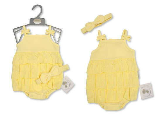 SB Baby Girls Tiered Romper w/Bows & Headband - Lemon