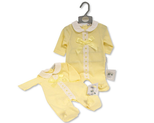 SB Baby Girls Long Romper w/ Bow & Lace Lemon
