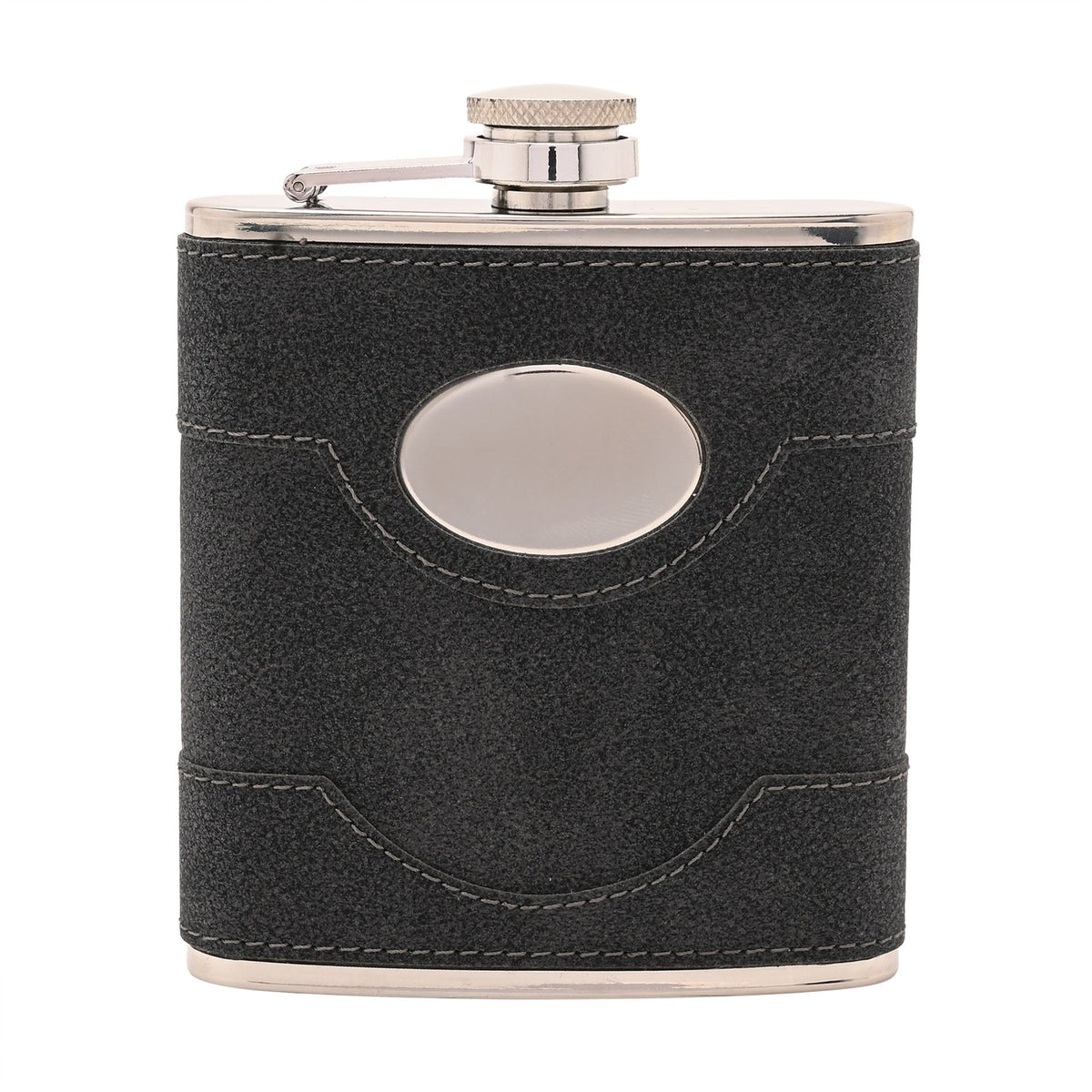 WDP Harvey Makin 6oz Black PU Wrapped Stainless Steel Flask Set with Funnel