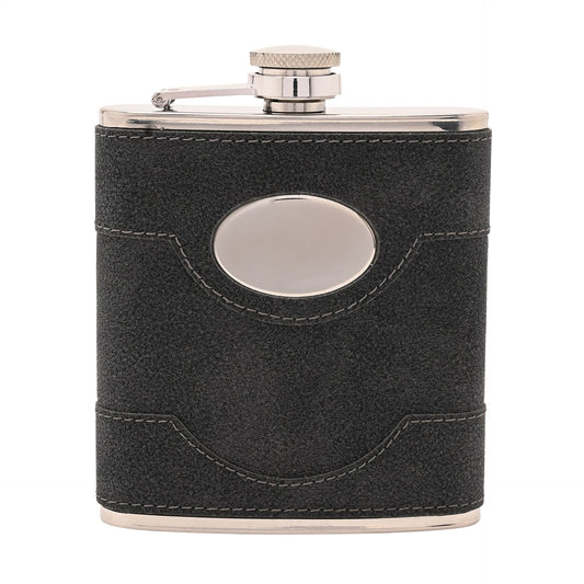 WDP Harvey Makin 6oz Black PU Wrapped Stainless Steel Flask Set with Funnel