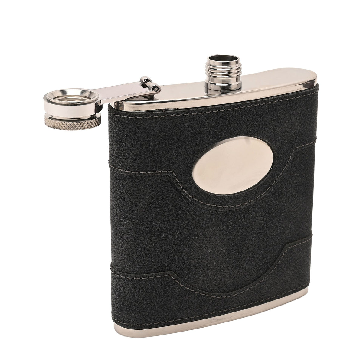 WDP Harvey Makin 6oz Black PU Wrapped Stainless Steel Flask Set with Funnel