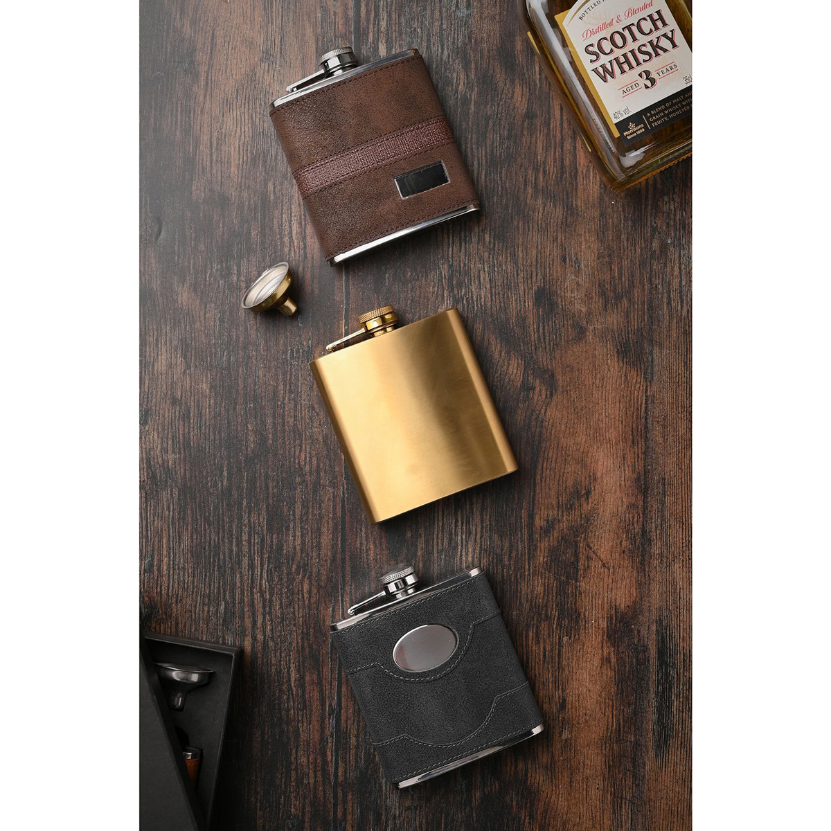 WDP Harvey Makin 6oz Black PU Wrapped Stainless Steel Flask Set with Funnel