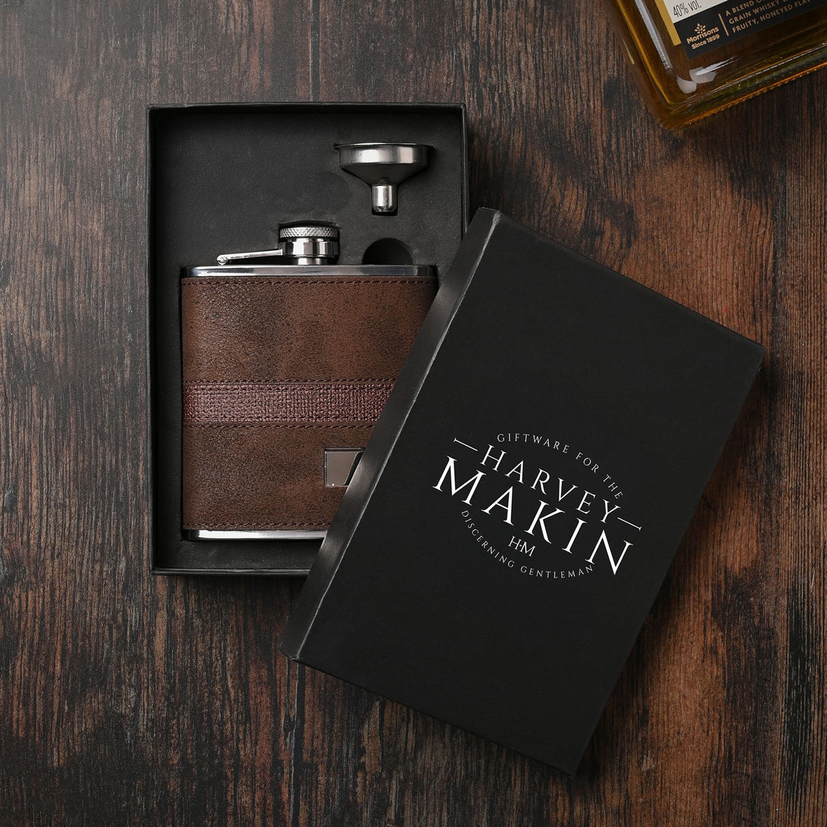 WDP Harvey Makin 6oz Dark Brown PU Wrapped Stainless Steel Flask Set with Funnel