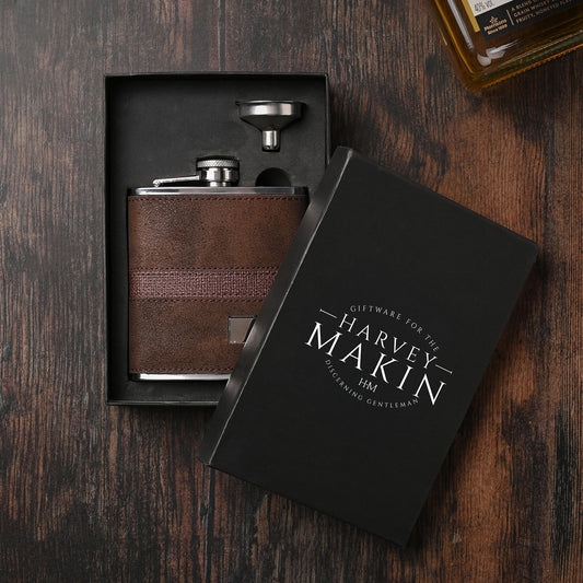 WDP Harvey Makin 6oz Dark Brown PU Wrapped Stainless Steel Flask Set with Funnel