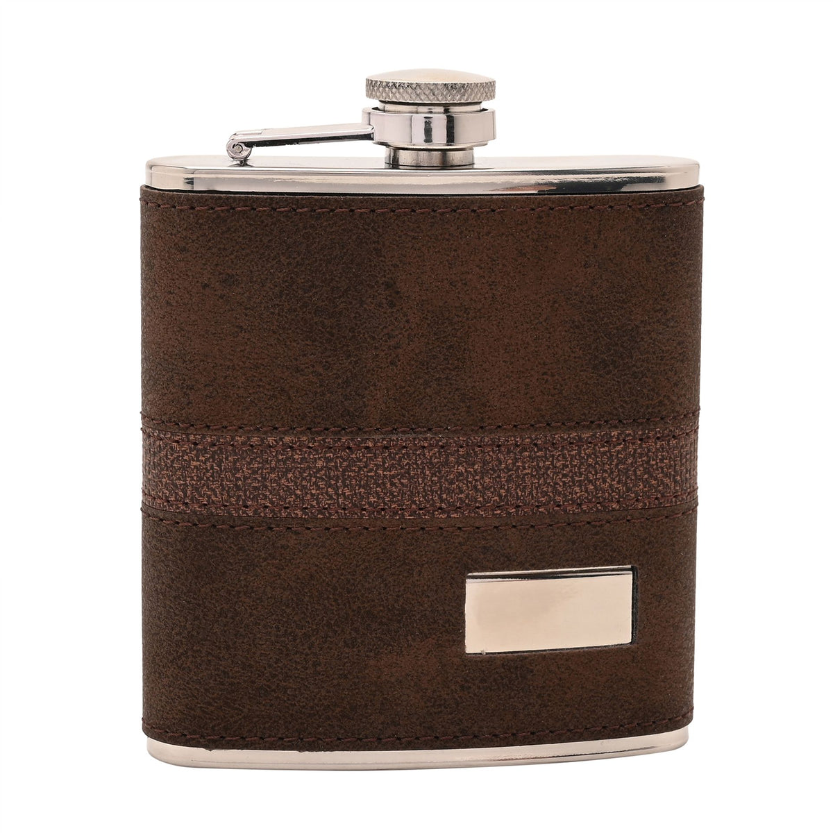 WDP Harvey Makin 6oz Dark Brown PU Wrapped Stainless Steel Flask Set with Funnel