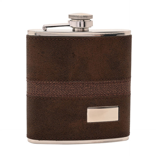 WDP Harvey Makin 6oz Dark Brown PU Wrapped Stainless Steel Flask Set with Funnel
