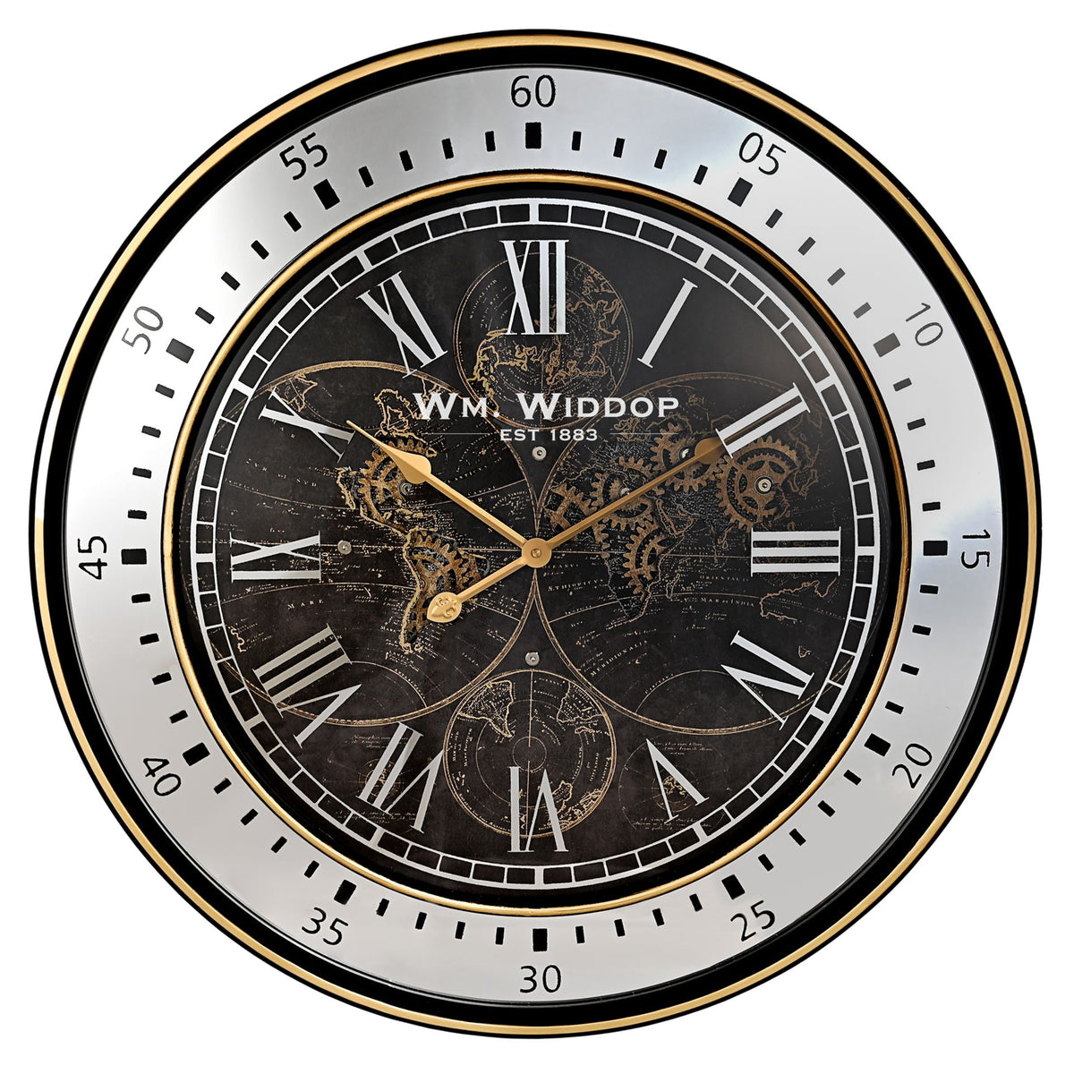 WDP Wall Clock with Moving Gears and World Map 80cm